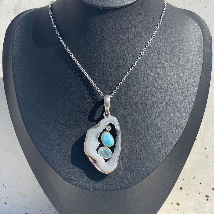 Agate Druzy, Larimar and Topaz Pendant