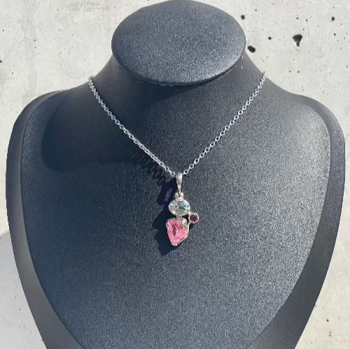 Pink Tourmaline, Green Amethyst and Ruby Sterling Silver Pendant