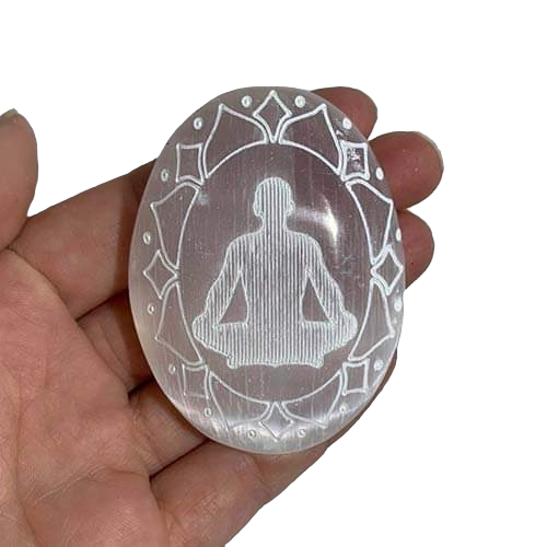 Selenite Carved Palmstone - Chakra Meditation Pose