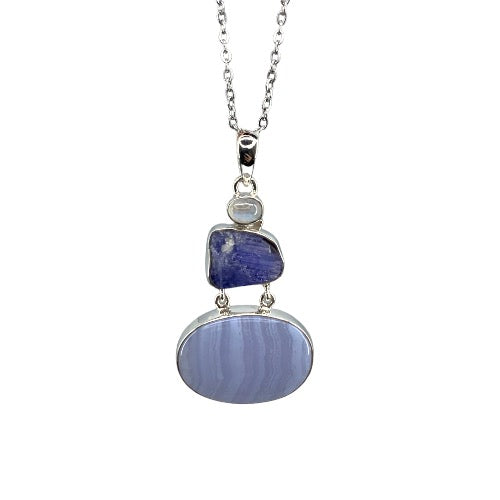 Blue Lace Agate, Tanzanite & Rainbow Moonstone Sterling Silver Pendant