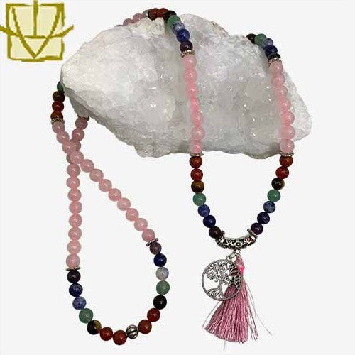 Rose Quartz Chakra Mala Beads With Tree Of Life